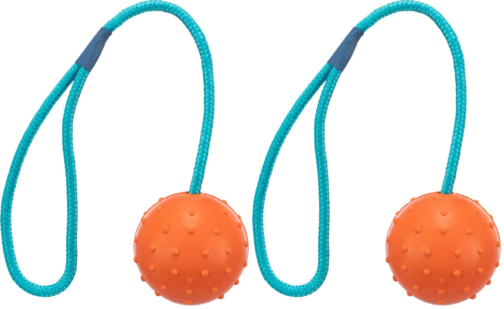 TRIXIE 3305 Ball am Seil, Naturgummi, ø 6/30 cm, orange/türkis, 2er Pack, Hund, Größen alle Rassen, Apportieren, Tauziehen